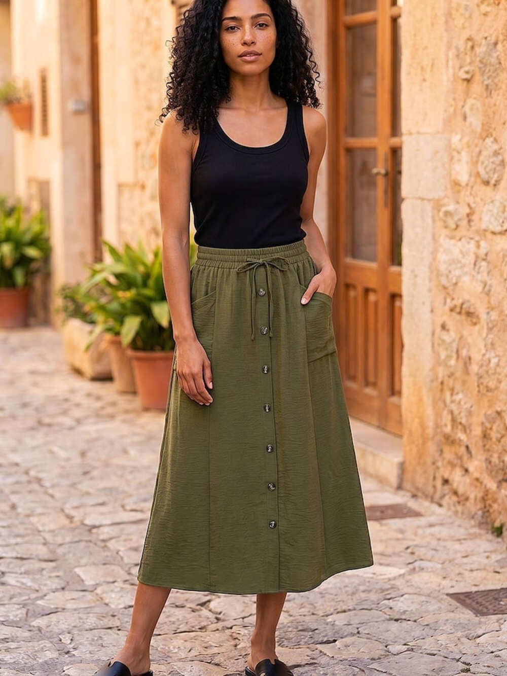 Nicole Miller New York 100% Linen Vintage Wash Olive Button Front Midi Skirt